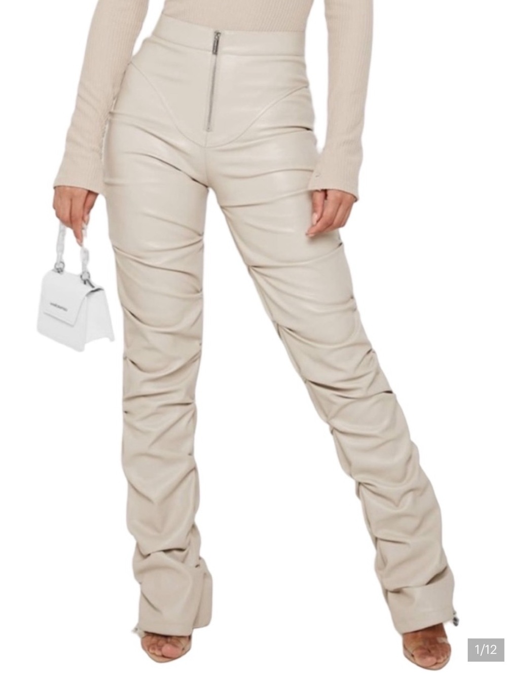 NWT Manière De Voir Caroline Tacked Faux Leather Flared Trousers Cream US 8 UK12